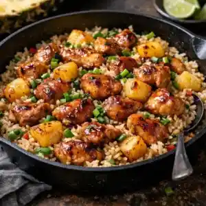 Pineapple Chicken and Rice Skillet for Spring Nights in a golden skillet
