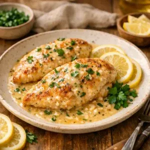Creamy lemony chicken breast for a fresh spring meal with bright sauce