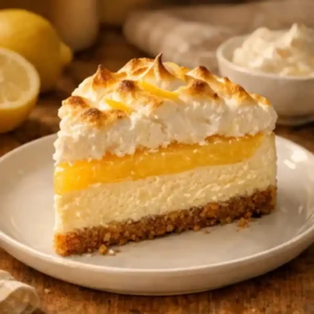 A slice of triple lemon meringue cheesecake with fluffy golden topping