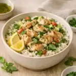 Spring-Inspired Chicken Rice Bowl with Fresh Herbs in a simple ceramic bowl