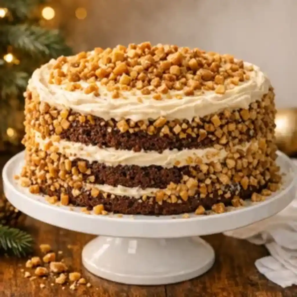 Delicious Holiday Bliss With Toffee Crunch Cake with creamy frosting and crunchy toffee
