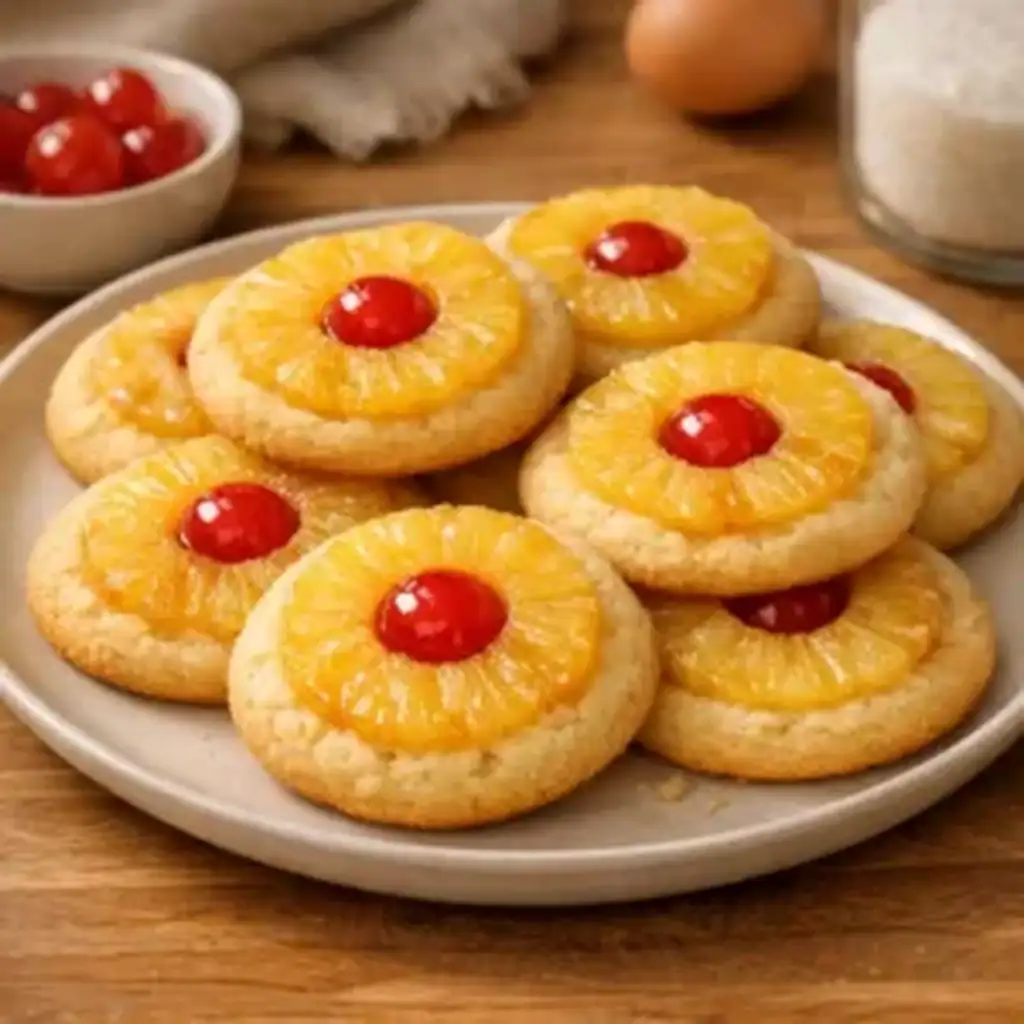Pineapple Upside Down Sugar Cookies Made Easy at Home 1 Pineapple upside down sugar cookies baked with pineapple and cherries