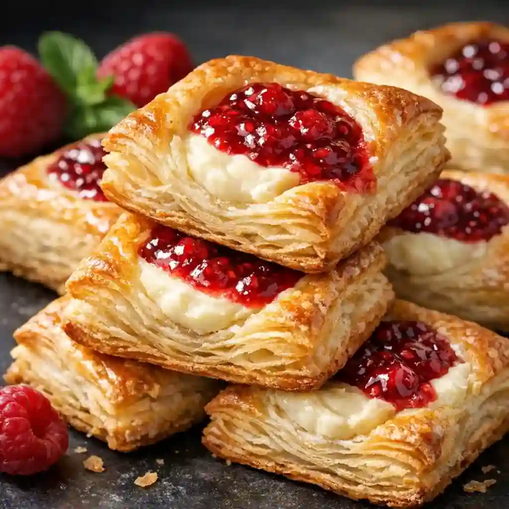 Golden raspberry cream cheese pastry bites with flaky layers
