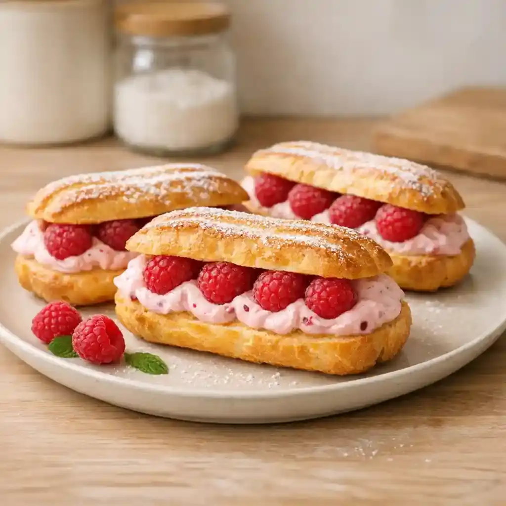 Cream Filled Raspberry Éclairs Made Simple at Home 1 Cream filled raspberry eclairs with light pastry and raspberry cream
