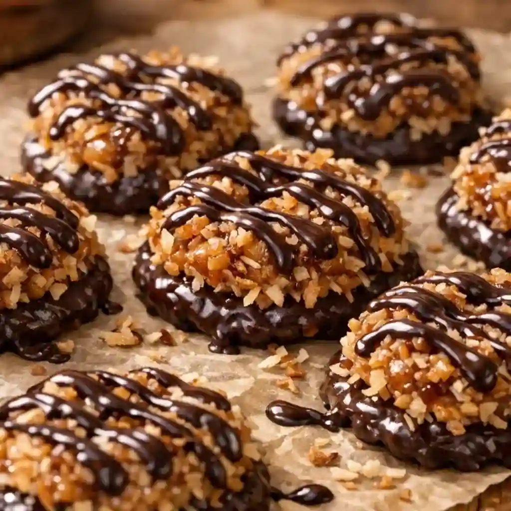 Easy No-Bake Samoa Cookies with chocolate drizzle and toasted coconut