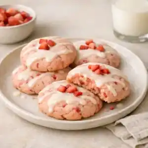 Soft Strawberry Sugar Cookies with Vanilla Glaze on a plate