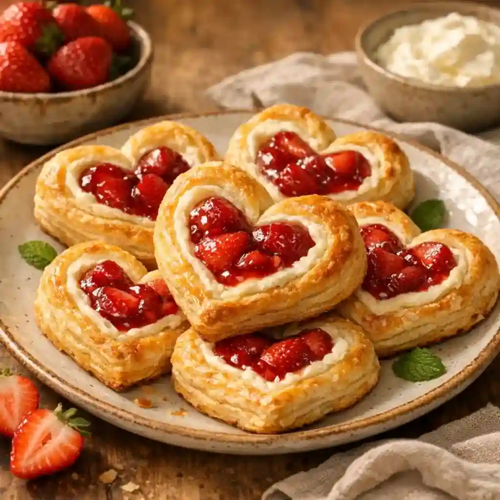 Strawberry Cream Cheese Heart Danishes for Sweet Family Mornings 1 Freshly baked Strawberry Cream Cheese Heart Danishes on a cozy kitchen plate