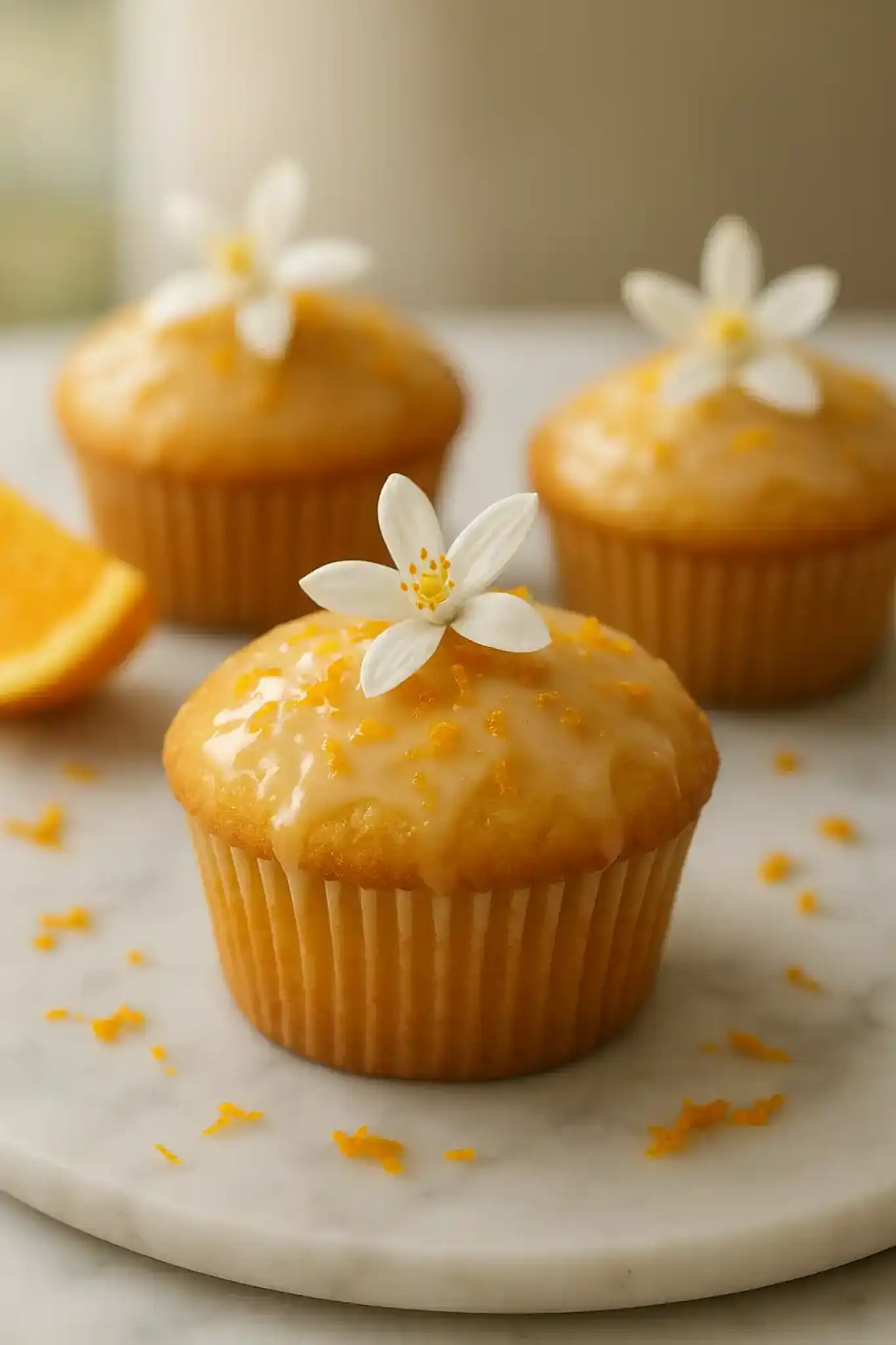 Orange Blossom Cupcakes with Light Citrus Glaze on a marble board, glossy glaze and orange zest visible