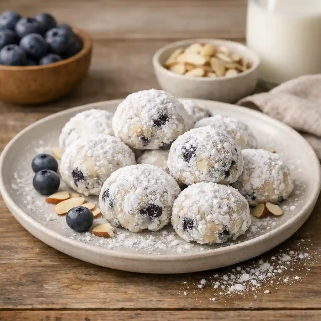 Soft Blueberry Almond Snowball Cookies You Can Make Anytime 1 Soft Blueberry Almond Snowball Cookies dusted with powdered sugar