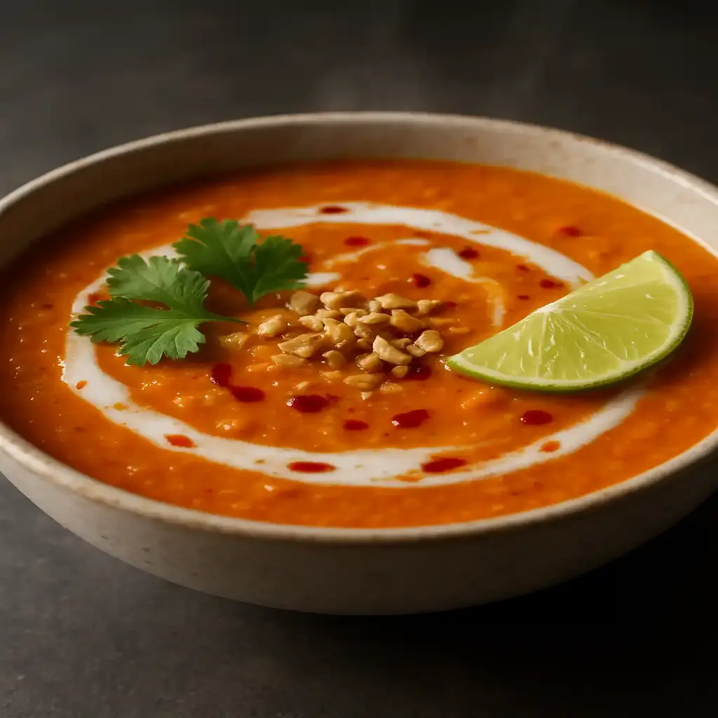 Simple Thai Coconut Red Lentil Soup in a bowl with lime wedge and cilantro
