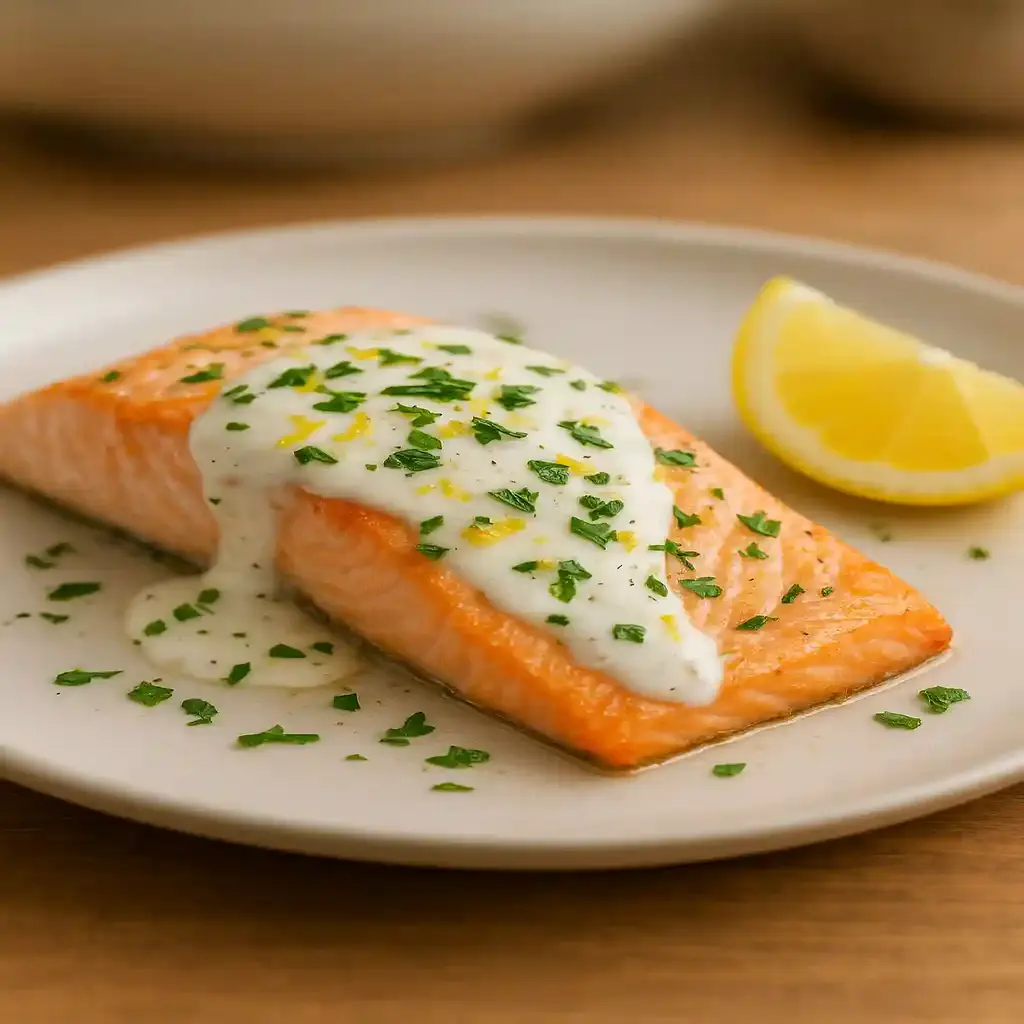 Plated Healthy Baked Salmon with Garlic Yogurt Sauce, close-up of salmon fillet topped with creamy garlic yogurt and lemon zest