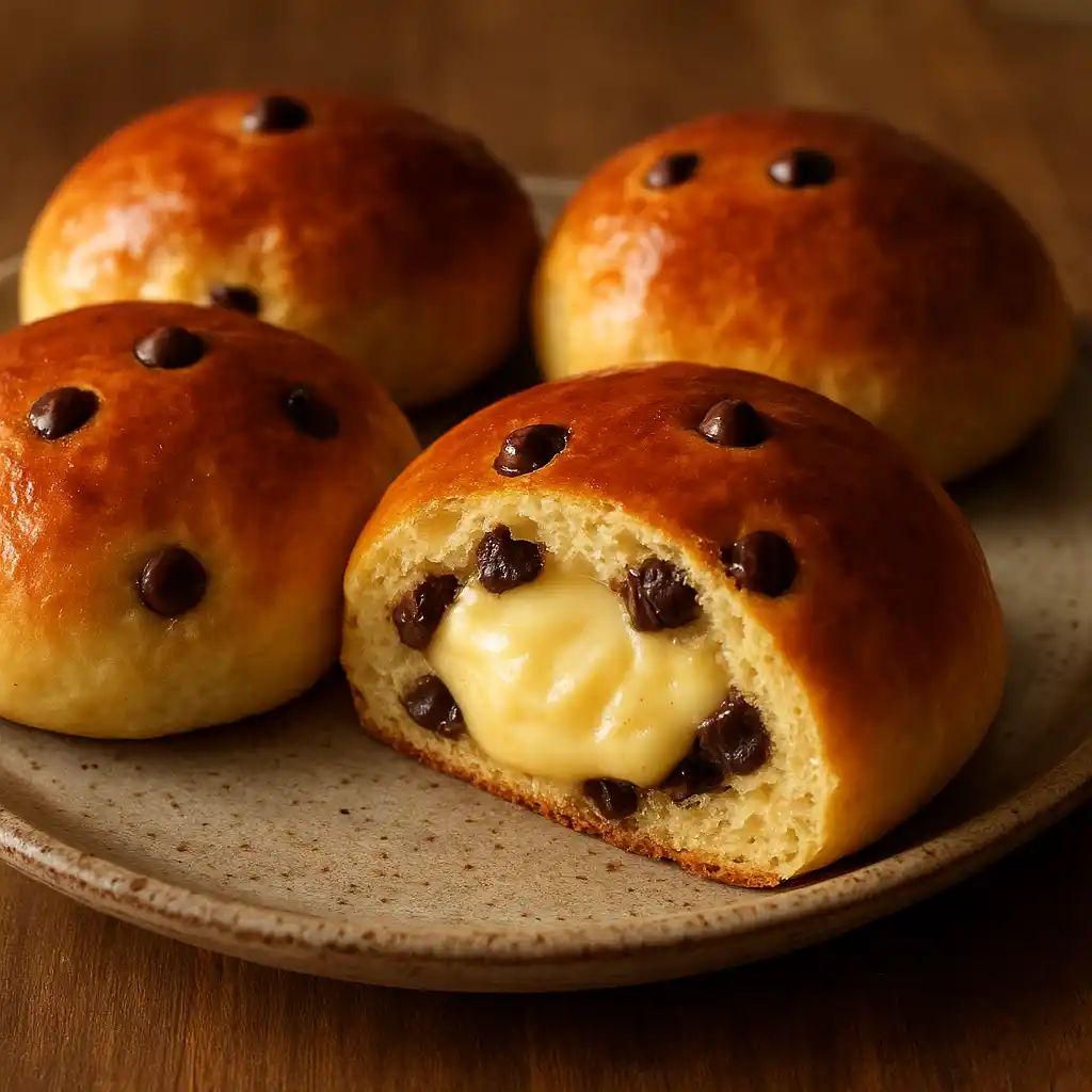 Plate of Chocolate Chip Vanilla Custard Brioches with melted chocolate and warm golden tops