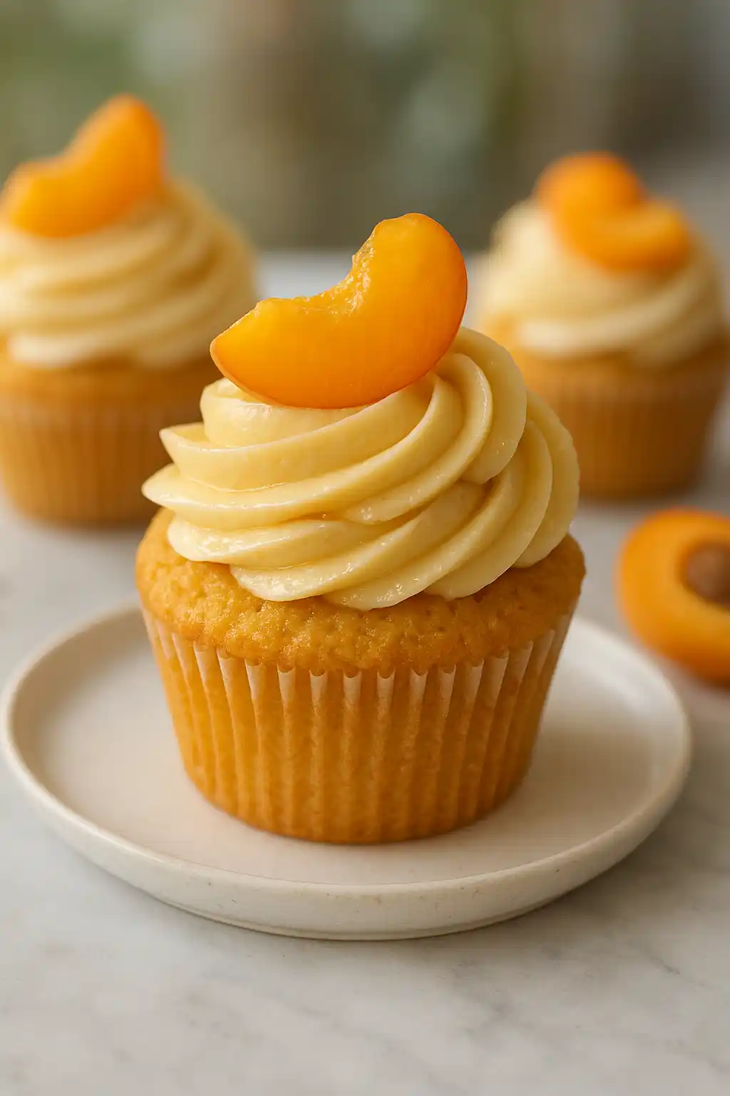 Apricot Vanilla Cupcakes with Honey Buttercream That Wow 1 Apricot Vanilla Cupcakes with Honey Buttercream on a marble surface, glossy frosting and apricot slices