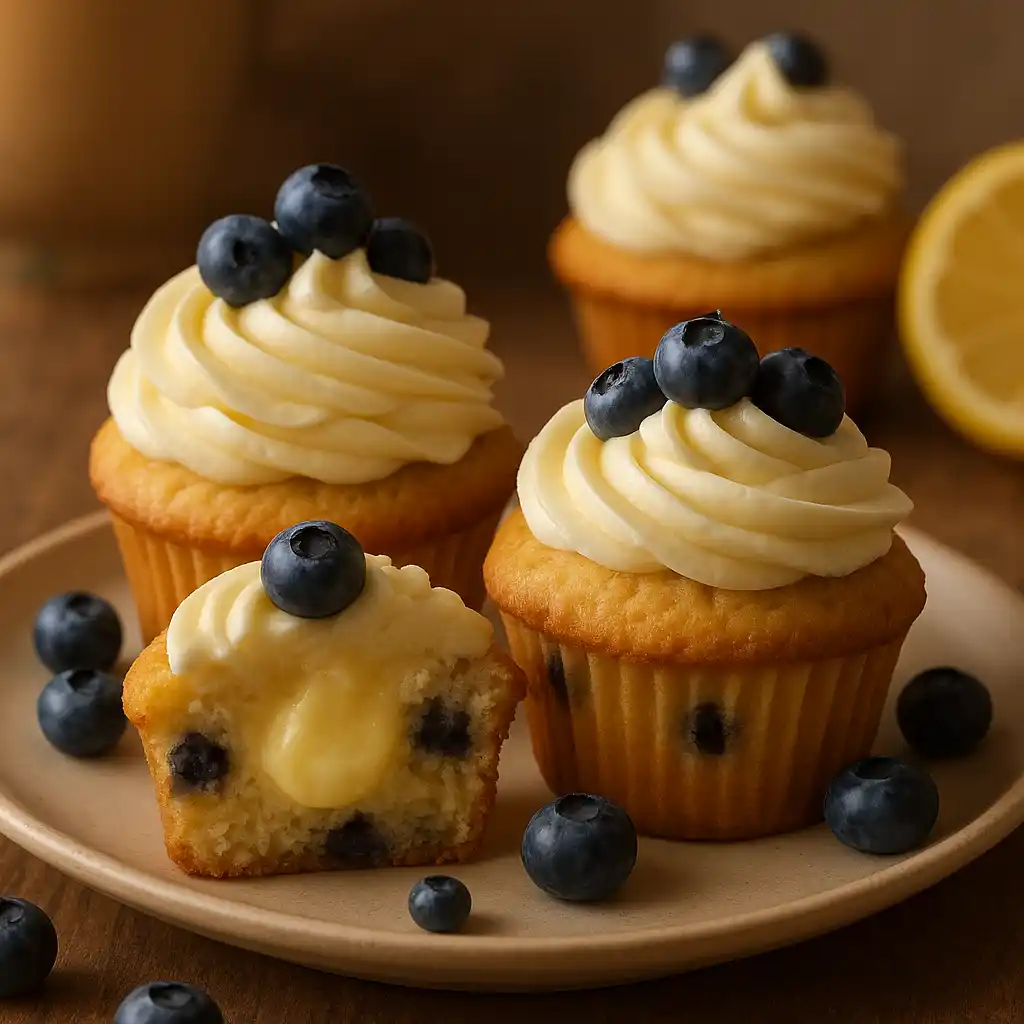 Plate of Blueberry Lemon Cream Filled Cupcakes with fresh blueberries and lemon zest, warm and cozy kitchen vibe