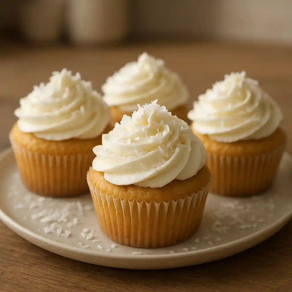 Close-up of Coconut Cream Spring Cupcakes with coconut flakes, light frosting and soft crumbs, showing delicate spring baking