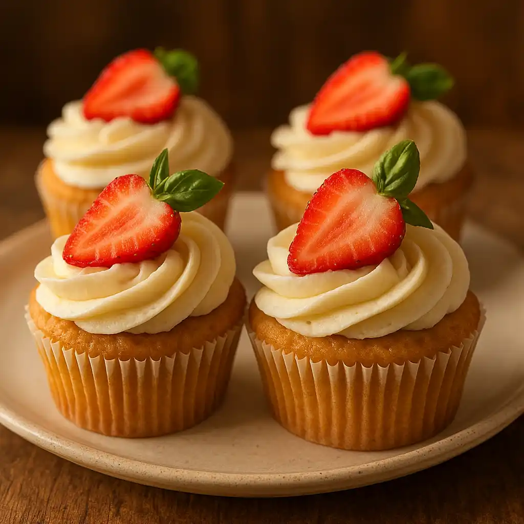 Plate of Strawberry Basil Cupcakes (Fresh Spring Flavor) with fresh basil and sliced strawberries, warm homey kitchen feel