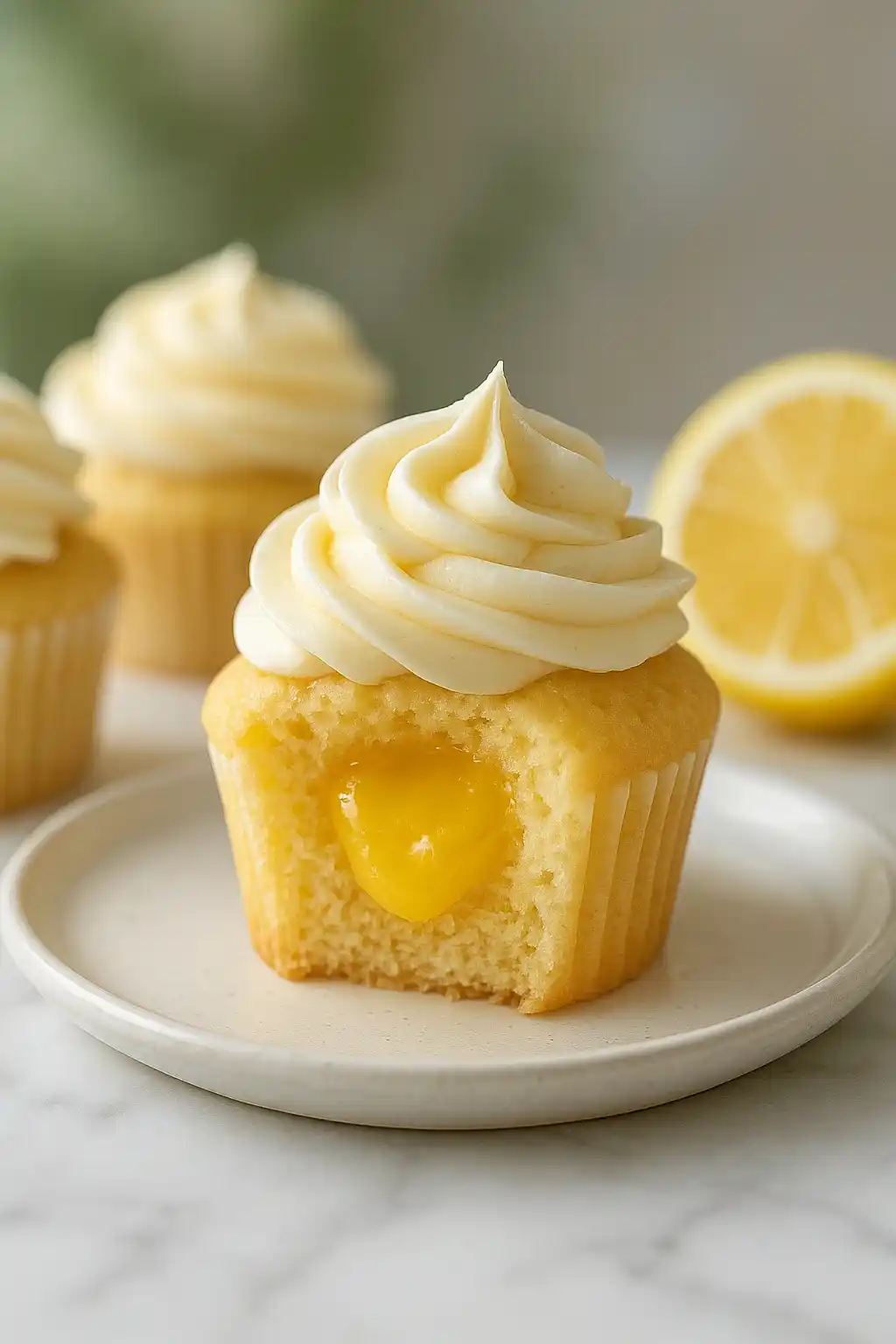 Lemon Curd Filled Vanilla Cupcakes with glossy lemon curd center and buttercream, bright close up