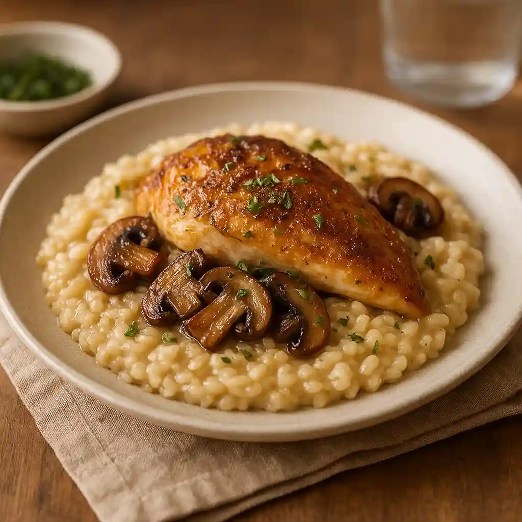 Close-up of Peach Vanilla Bean Cupcakes with Whipped Frosting on a simple plate, showing vanilla bean flecks and a fresh peach slice