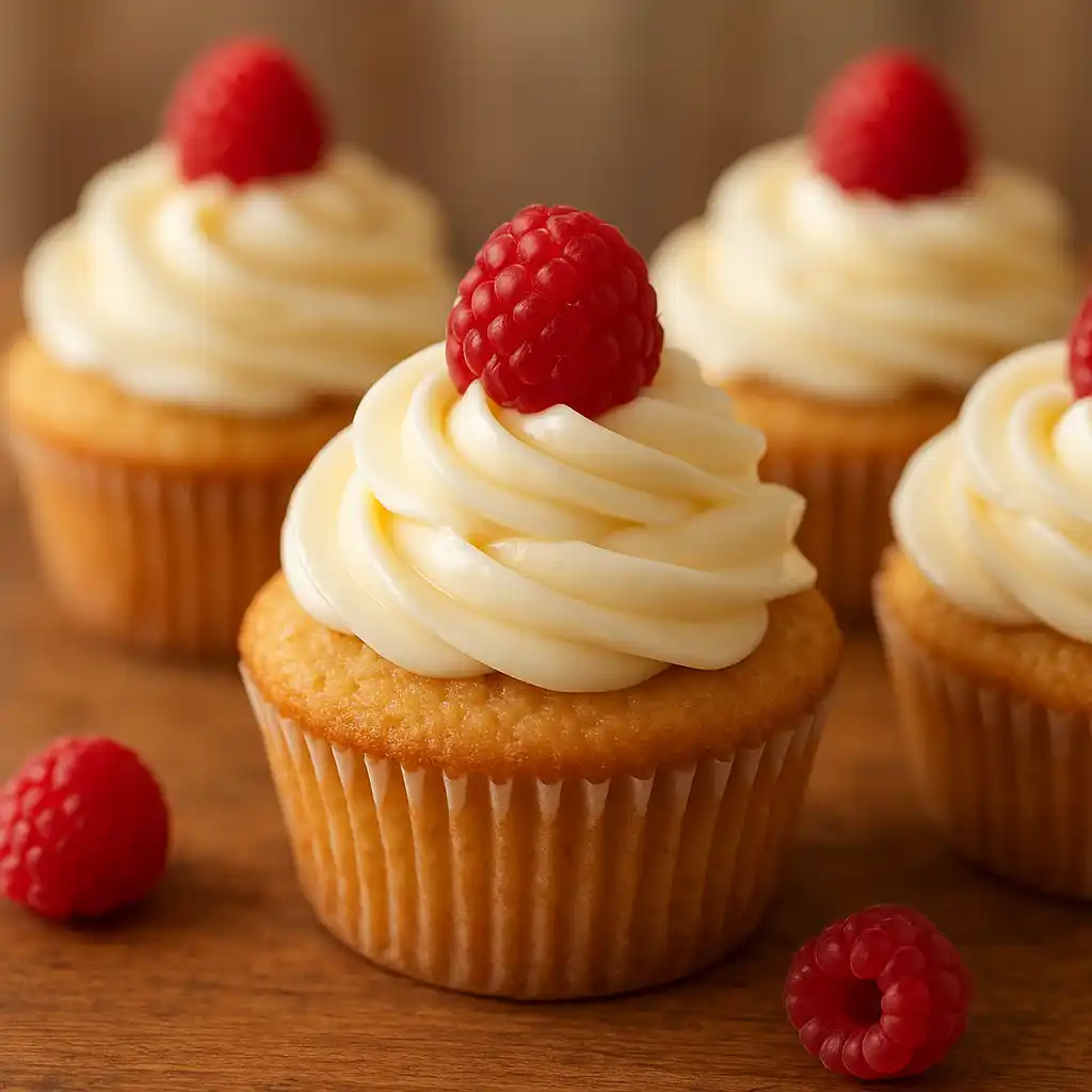 Plated Raspberry White Chocolate Cupcakes with fresh raspberries, warm kitchen lighting, cozy home style
