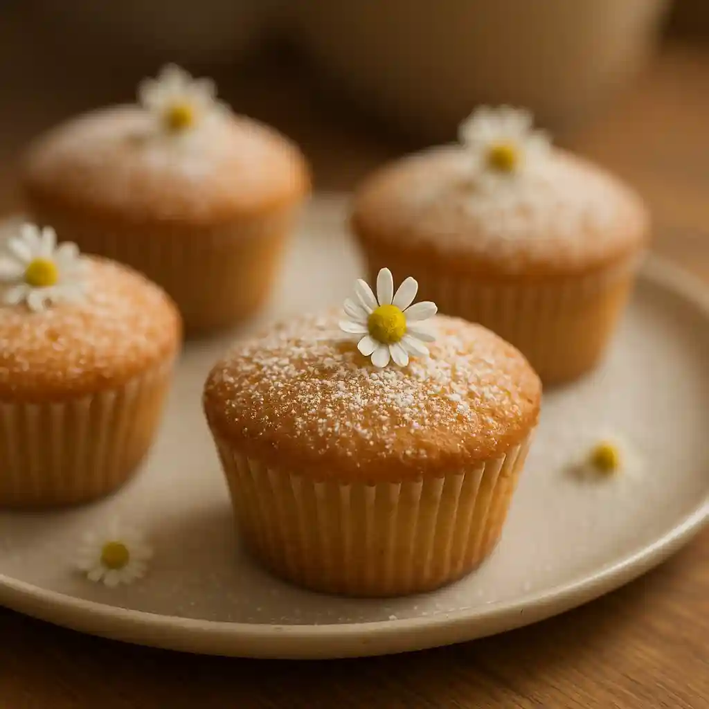 Close-up of Chamomile Honey Cupcakes (Light & Floral) with soft powdered sugar and a warm, cozy kitchen background