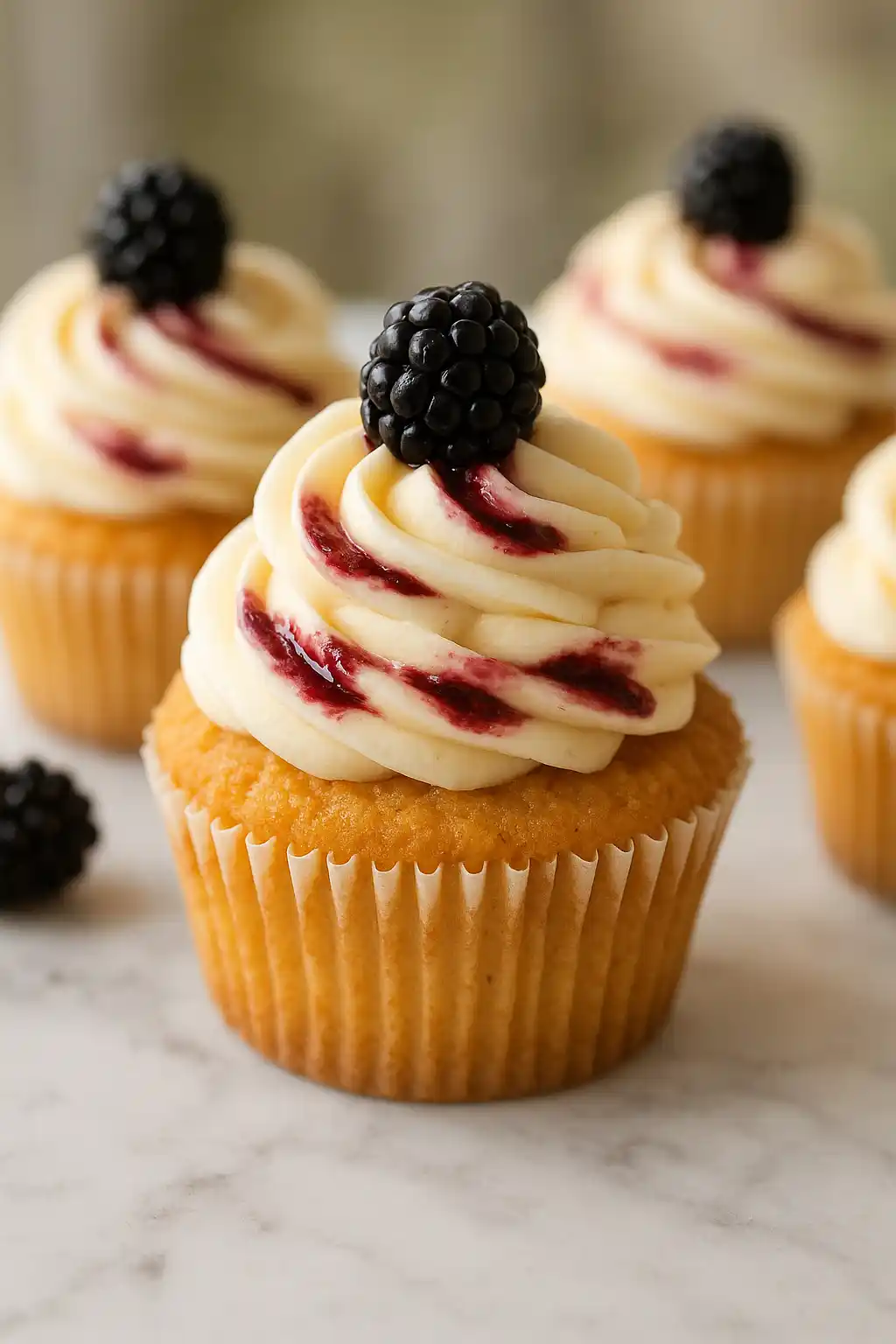 Blackberry Vanilla Swirl Cupcakes with jammy blackberry ribbons and silky vanilla buttercream, bright close up