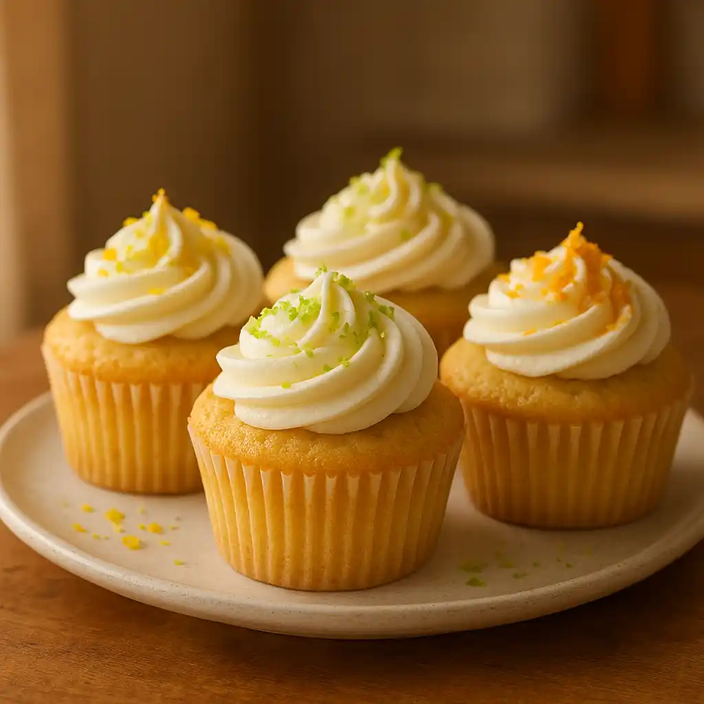 Plate of Citrus Trio Cupcakes (Lemon, Lime & Orange) with zesty buttercream, warm and inviting home-style photo