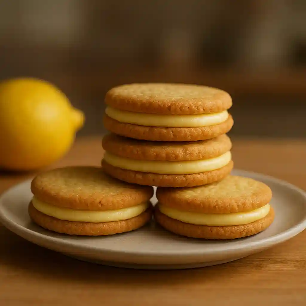 Lemon Cream Sandwich Cookies on a plate, soft cookies with creamy lemon filling