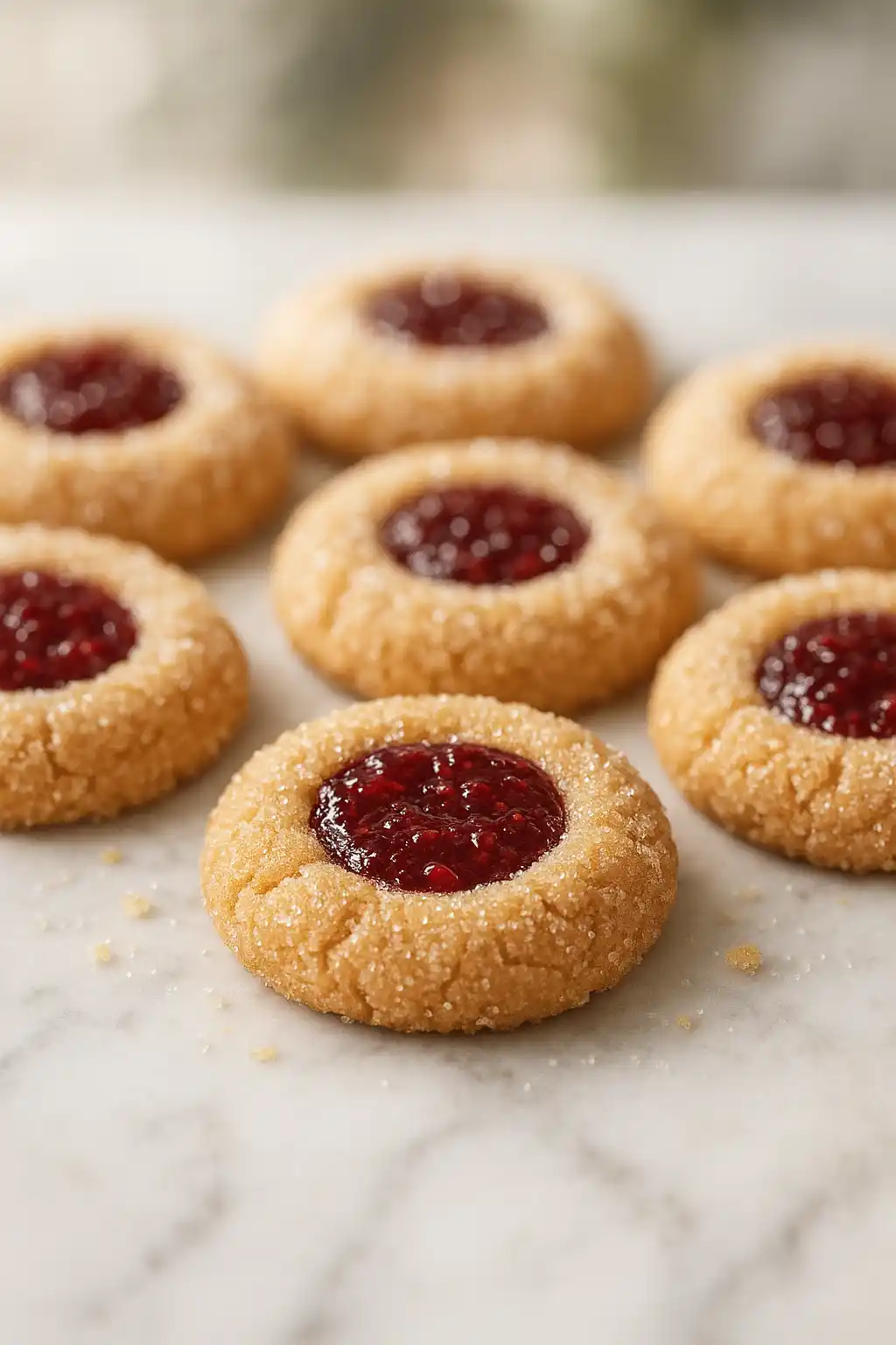Raspberry Thumbprint Cookies with Jam Center on marble, glossy jam and buttery shortbread texture