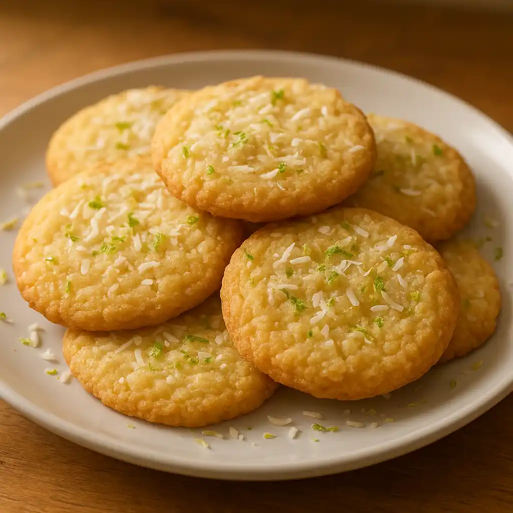 Plate of Coconut Lime Sugar Cookies with visible lime zest and shredded coconut, warm home kitchen feel