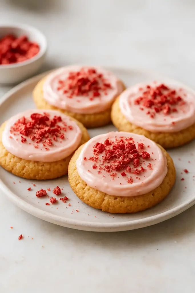 Close up of Strawberry Cream Cheese Cookies with glossy glaze and pink strawberry crumbs, soft centers and golden edges