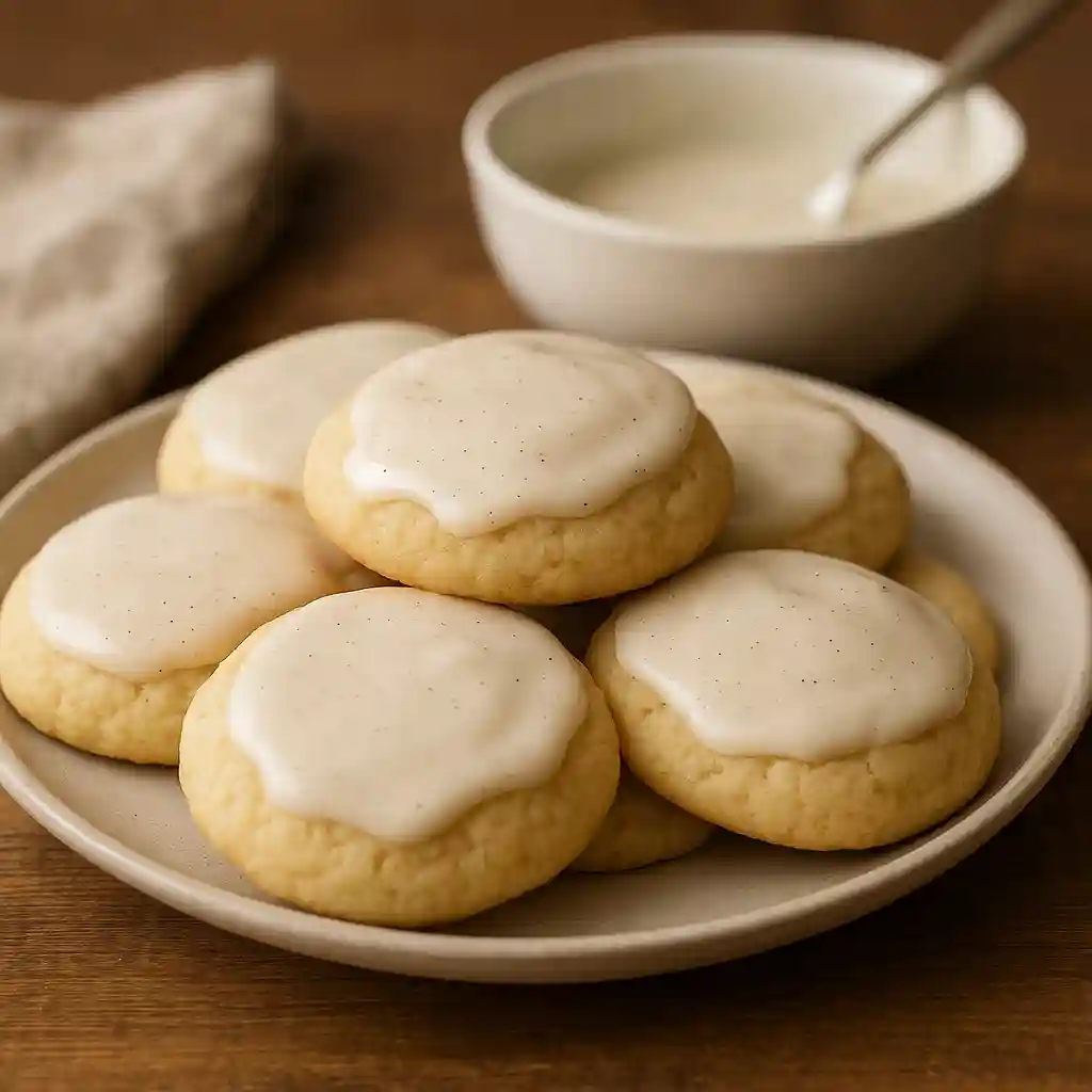 Plate of Vanilla Bean Glazed Spring Cookies with glossy vanilla glaze and visible vanilla specks