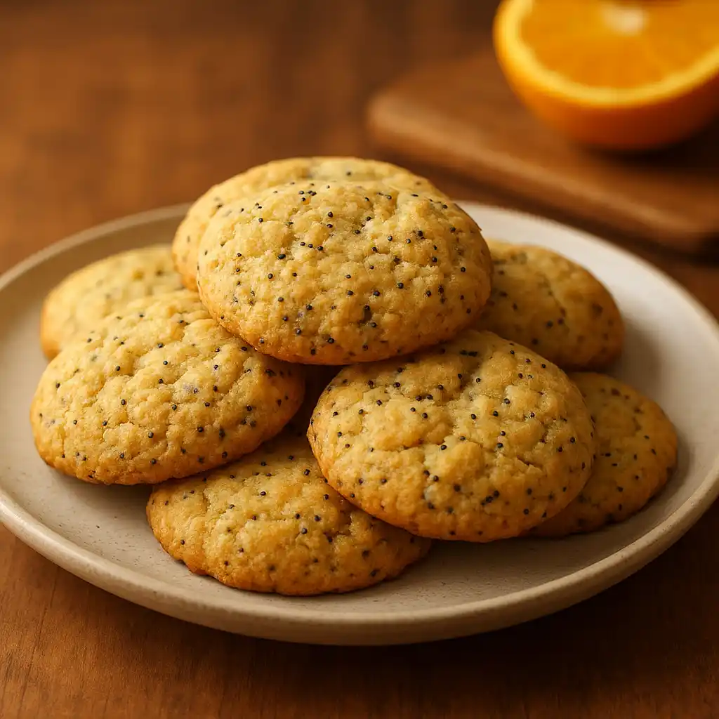 Fresh Orange Poppy Seed Soft Cookies on a plate, bright citrus notes and soft texture