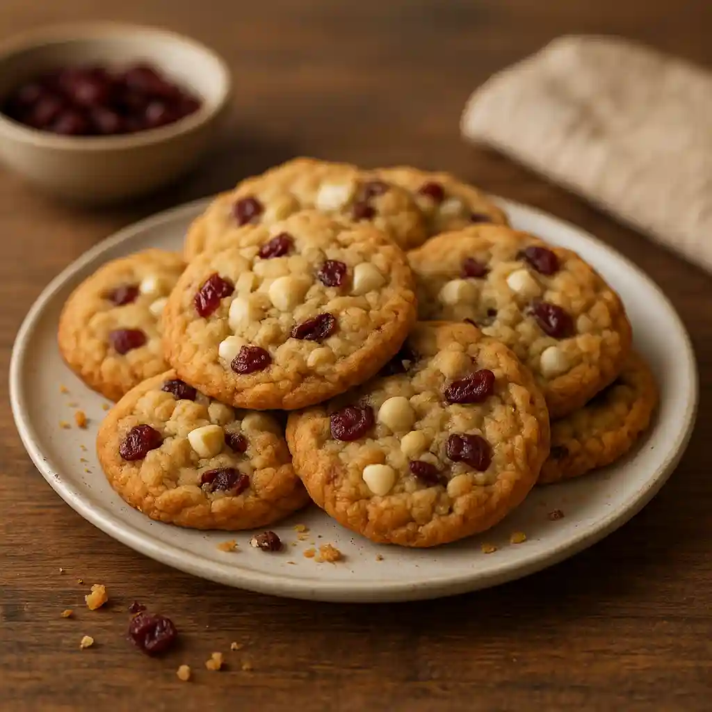 Plate of White Chocolate Cranberry Spring Cookies, soft golden edges with visible white chocolate chips and dried cranberries