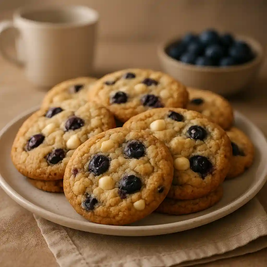 Close-up of blueberry white chocolate cookies on a plate, showing tender texture and white chocolate pockets