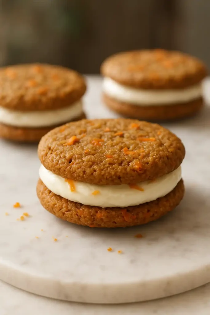 Carrot Cake Sandwich Cookies with cream cheese filling and visible carrot shreds, soft spiced cookies in a stack, Carrot Cake Sandwich Cookies