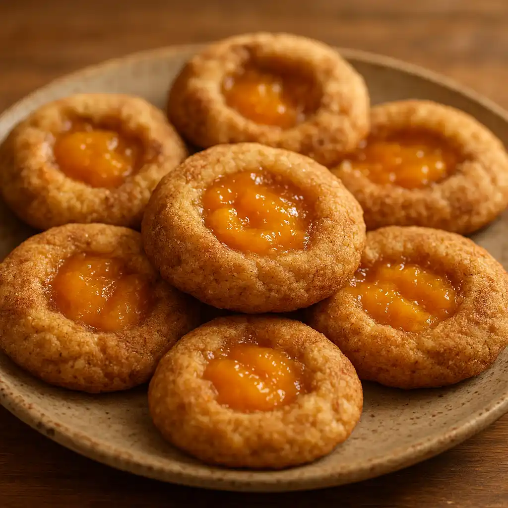 Warm Peach Cobbler Cookies with jammy peach centers on a plate, cozy home-style dessert