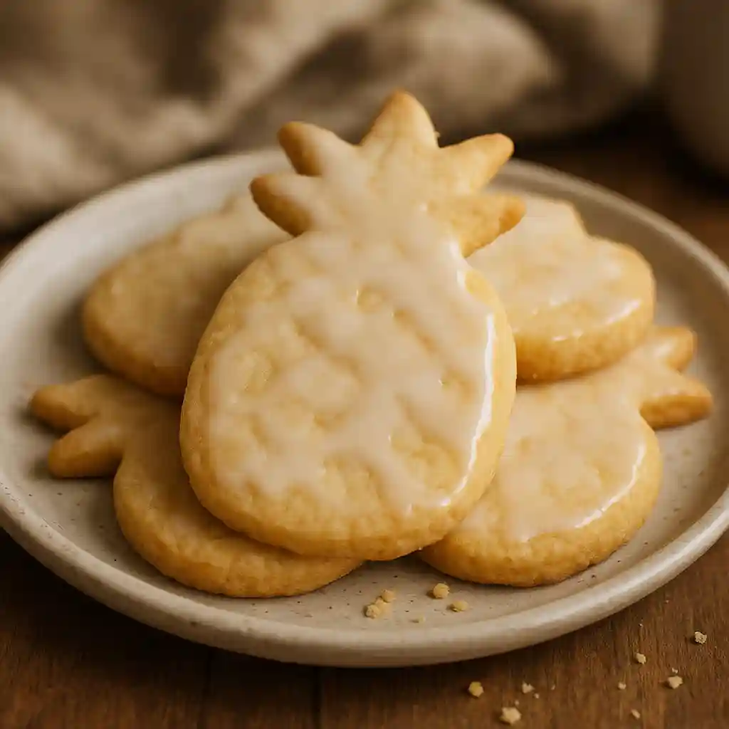 Close-up of Pineapple Sugar Cookies with Glaze on a plate, moist centers and glossy glaze