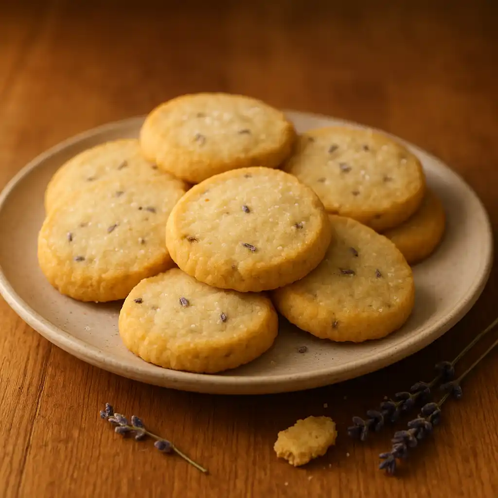 Plate of cozy Lavender Shortbread Cookies on a wooden table, gentle floral notes and powdered sugar dusting