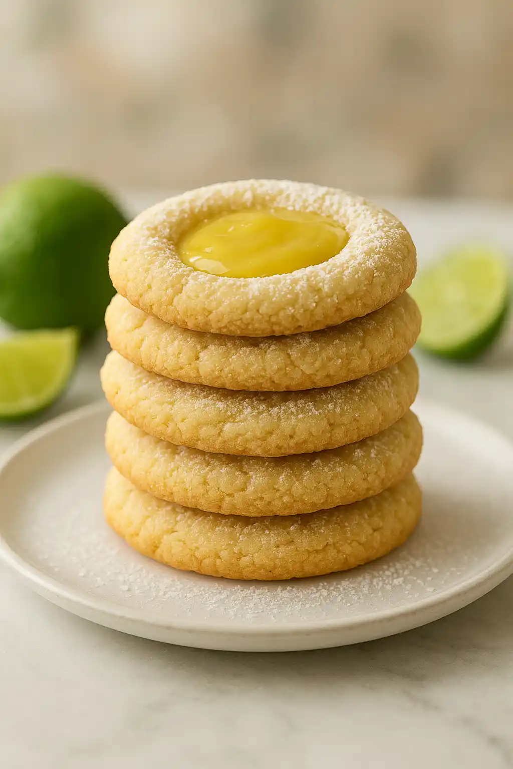 Key Lime Pie Cookies That Burst With Tangy Crunch 1 Key Lime Pie Cookies on a marble board with glossy lime curd centers and powdered sugar, bright citrus dessert