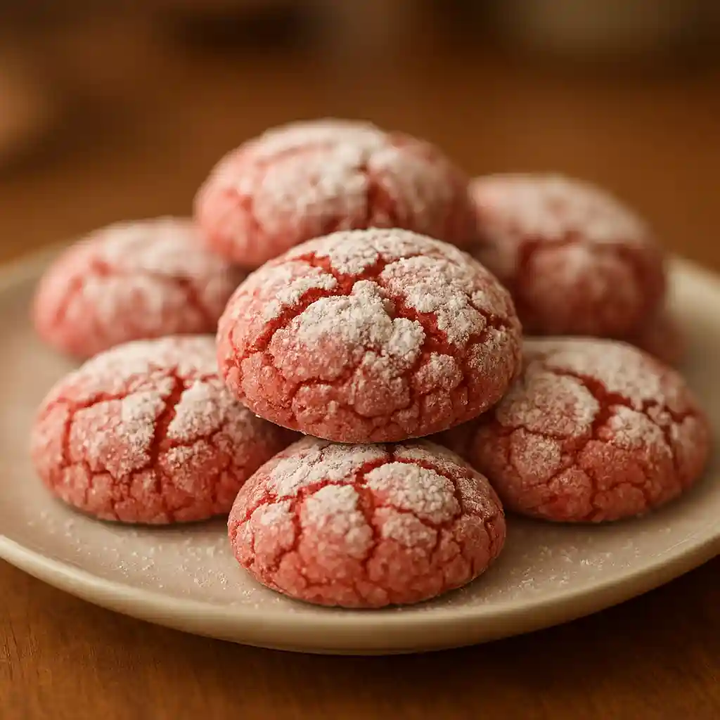 Fresh Strawberry Crinkle Cookies on a plate with powdered sugar, soft texture and crackled tops, Strawberry Crinkle Cookies