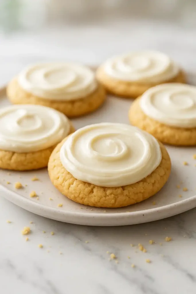 Stack of Cream Cheese Frosted Sugar Cookies with glossy tangy frosting and visible crumbs