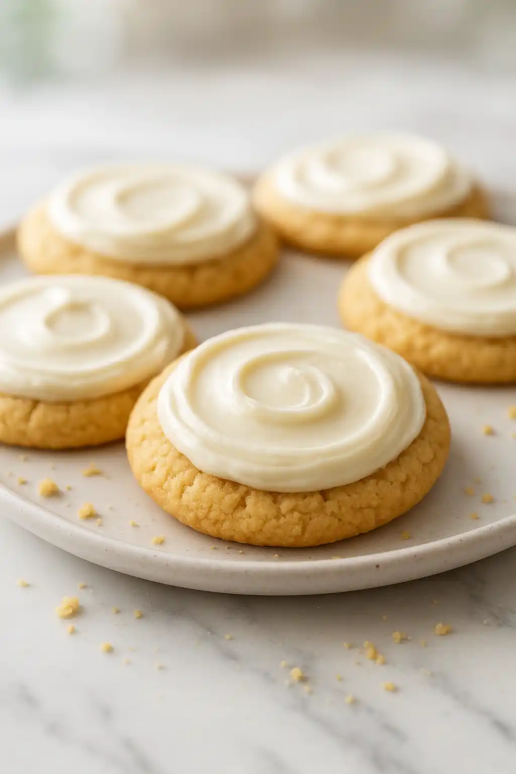 Stack of Cream Cheese Frosted Sugar Cookies with glossy tangy frosting and visible crumbs
