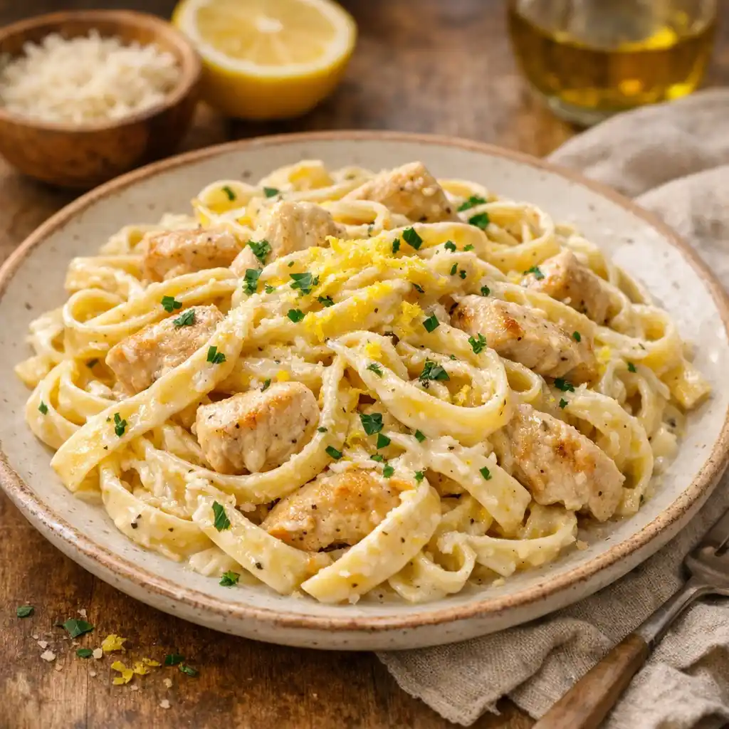 Creamy Lemon Chicken Pasta for Warm Evenings the Cozy Family Favorite 1 Creamy lemon chicken pasta for warm evenings served on a cozy dinner plate