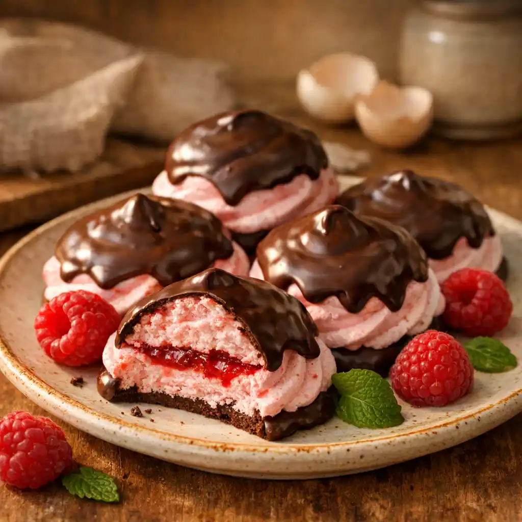 Chocolate-Covered Raspberry Meringue Cookies Everyone Loves 1 Chocolate-Covered Raspberry Meringue Cookies on a cozy dessert plate