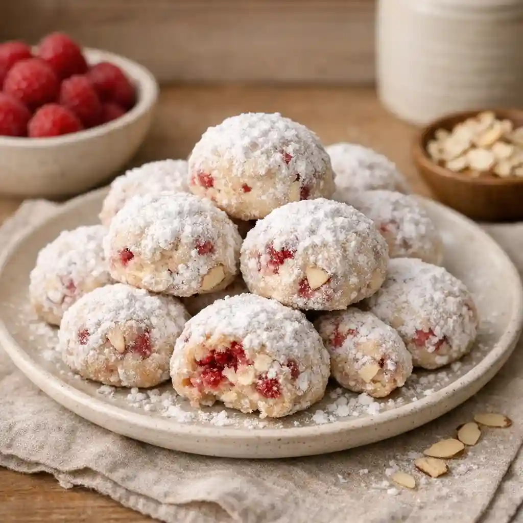 Raspberry Almond Snowball Cookies dusted with powdered sugar on a plate