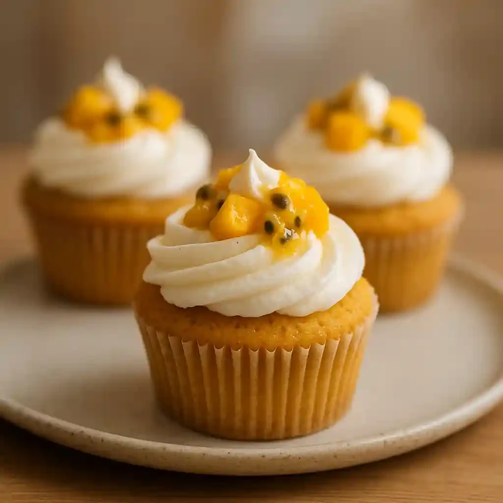 Close-up of Mango Passionfruit Cupcakes with Whipped Frosting, light whipped cream and mango pieces