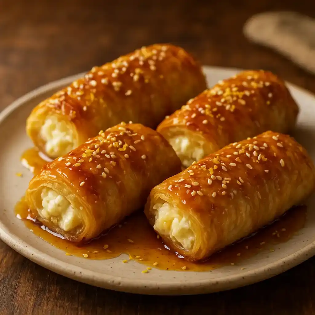 Making Chili Honey Magic For Feta Rolls: Cozy Bite-Sized Delight 1 Chili honey feta rolls on a plate with sticky glaze and golden pastry, Making Chili Honey Magic For Feta Rolls