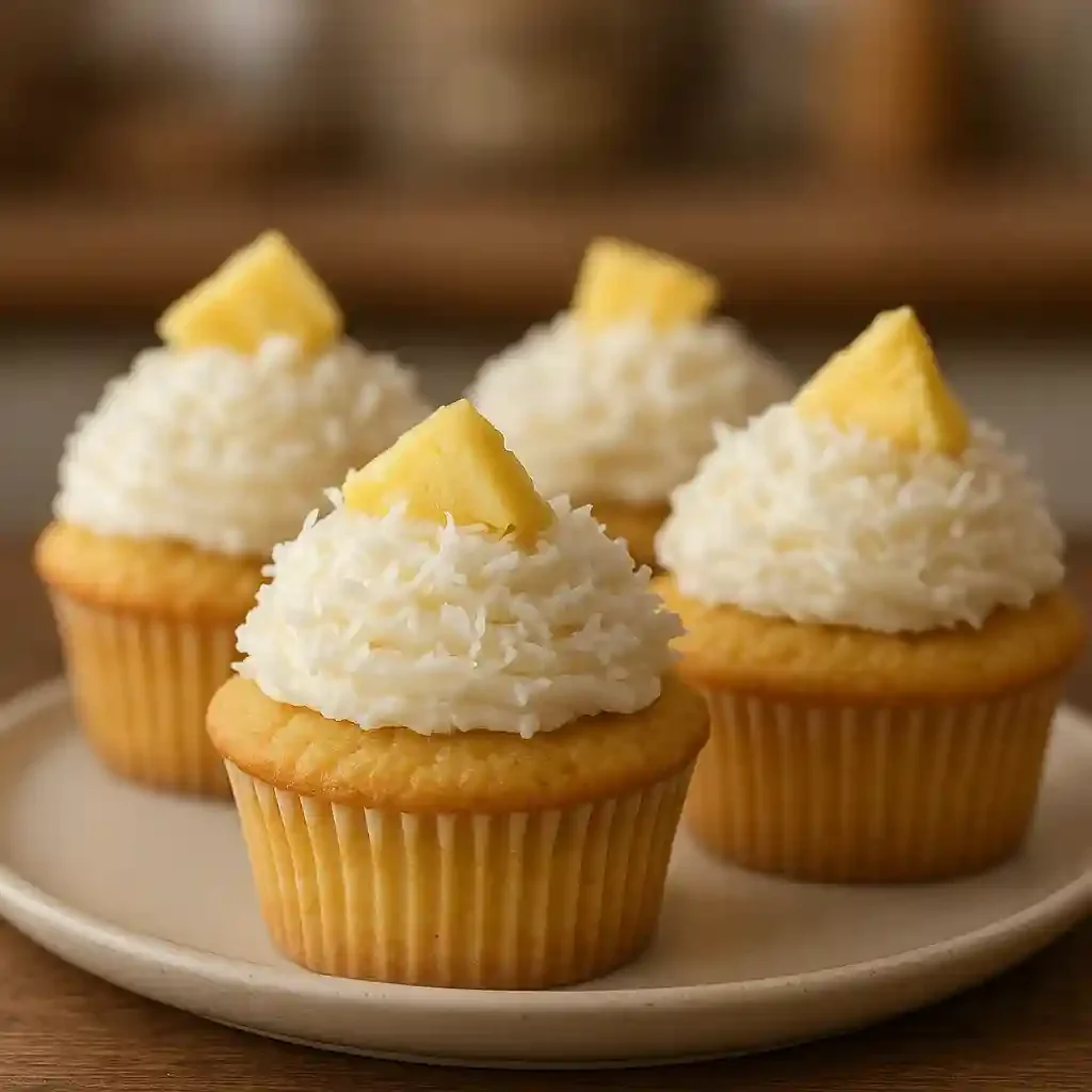 Close-up of Pineapple Vanilla Cupcakes with Coconut Frosting, soft textures and toasted coconut topping
