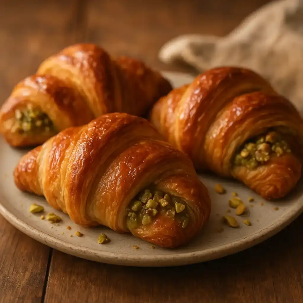 Warm plate of Easy Pistachio Croissants with flaky layers and pistachio filling, cozy kitchen setting