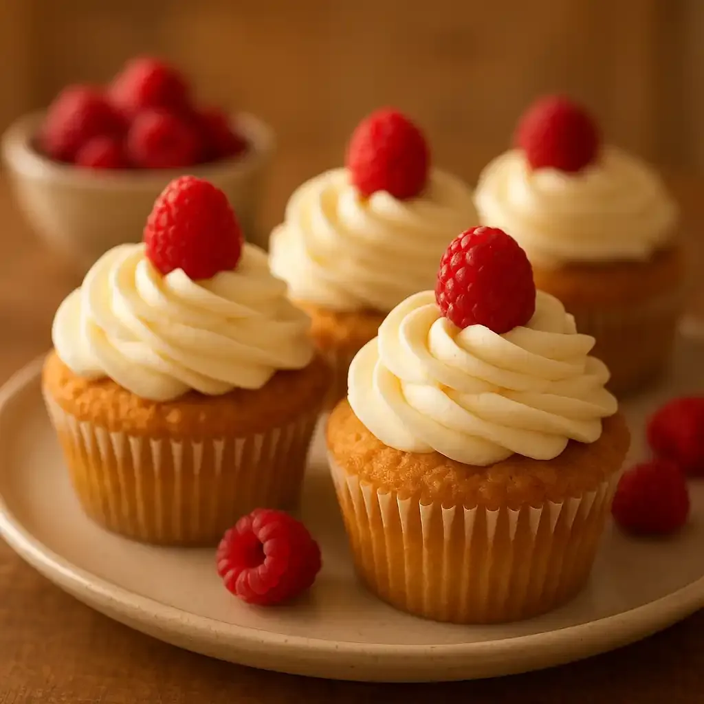 Plate of White Chocolate Raspberry Spring Cupcakes with fresh raspberries and soft buttercream in warm kitchen light